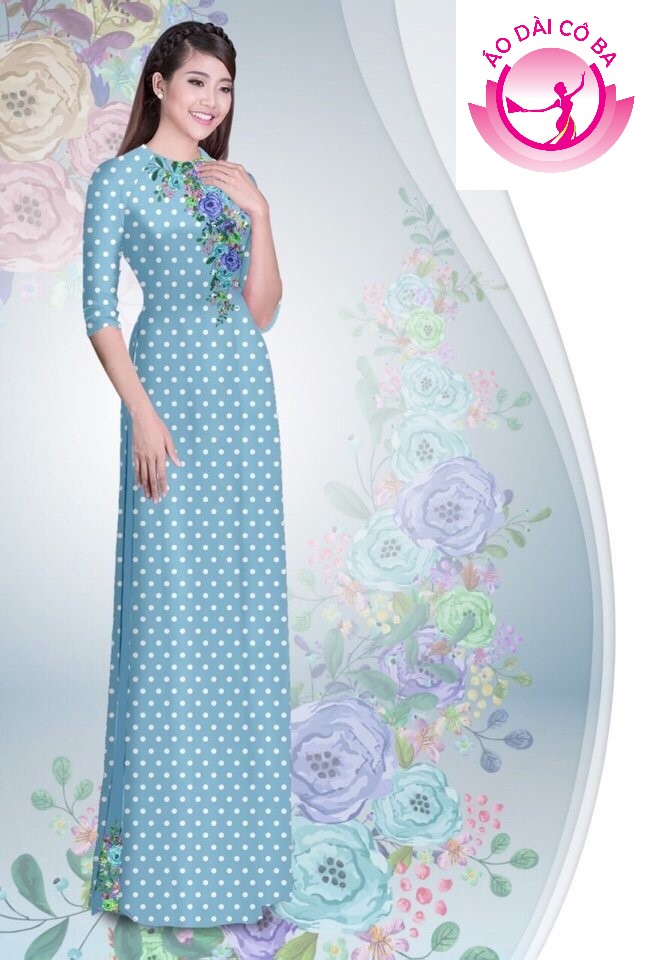 Áo dài truyền thống tay lỡ in hoa chấm bi mẫu AD B2905 - Xanh dương