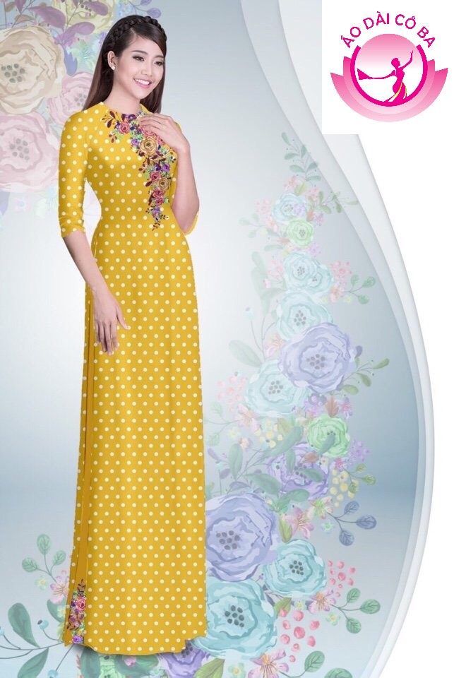Áo dài truyền thống tay lỡ in hoa chấm bi mẫu AD B2905 - Vàng