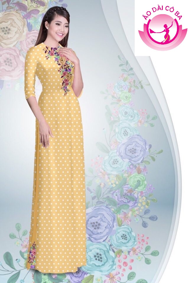 Áo dài truyền thống tay lỡ in hoa chấm bi mẫu AD B2905 - Vàng nhạt