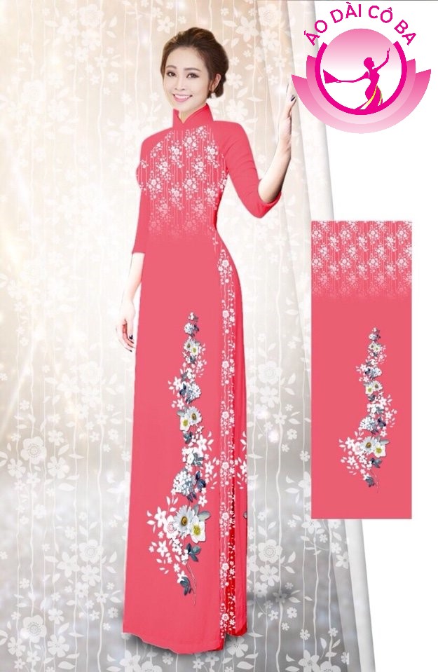 Áo dài tay lỡ in hoa trên dưới mẫu AD B2941-Hồng