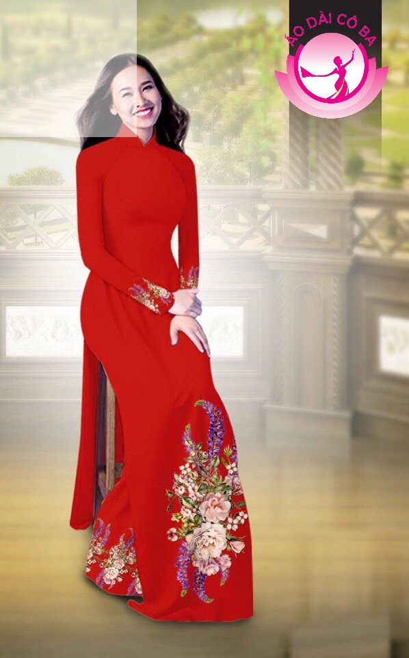 Áo dài truyền thống in hoa cẩm chướng mẫu AD B2797 - Đỏ mận